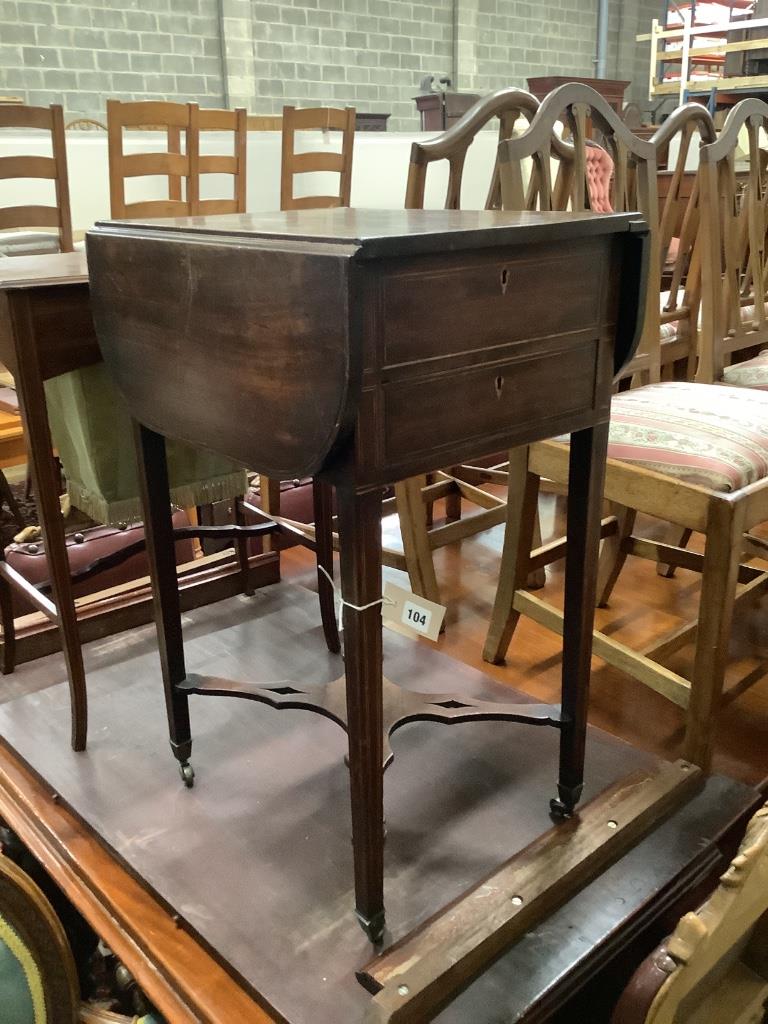 A George III inlaid mahogany drop flap work table, 77cm extended, width 48cm, height 74cm